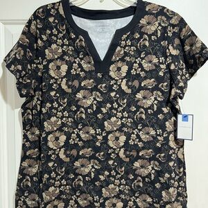 Croft & Barrow Black and Brown Floral Short Sleeve Top